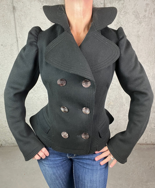 Antique 1890s Victorian Black Felted Wool Tailored Jacket with Dramatic Standing Collar