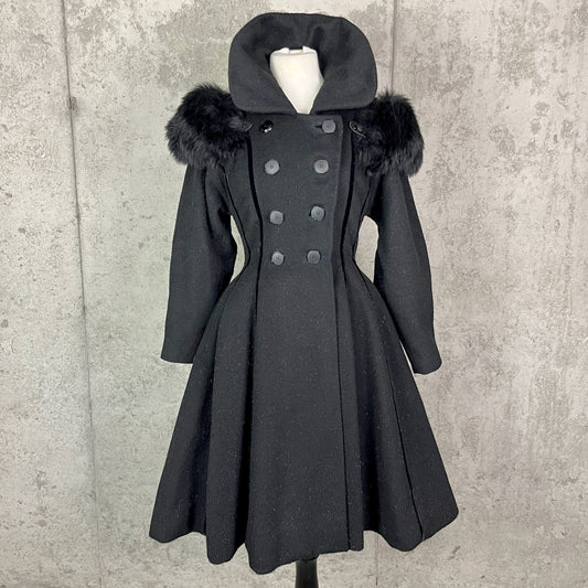 Vintage 1950s Lilli Ann Black Eyelash Wool Velvet Princess Coat
