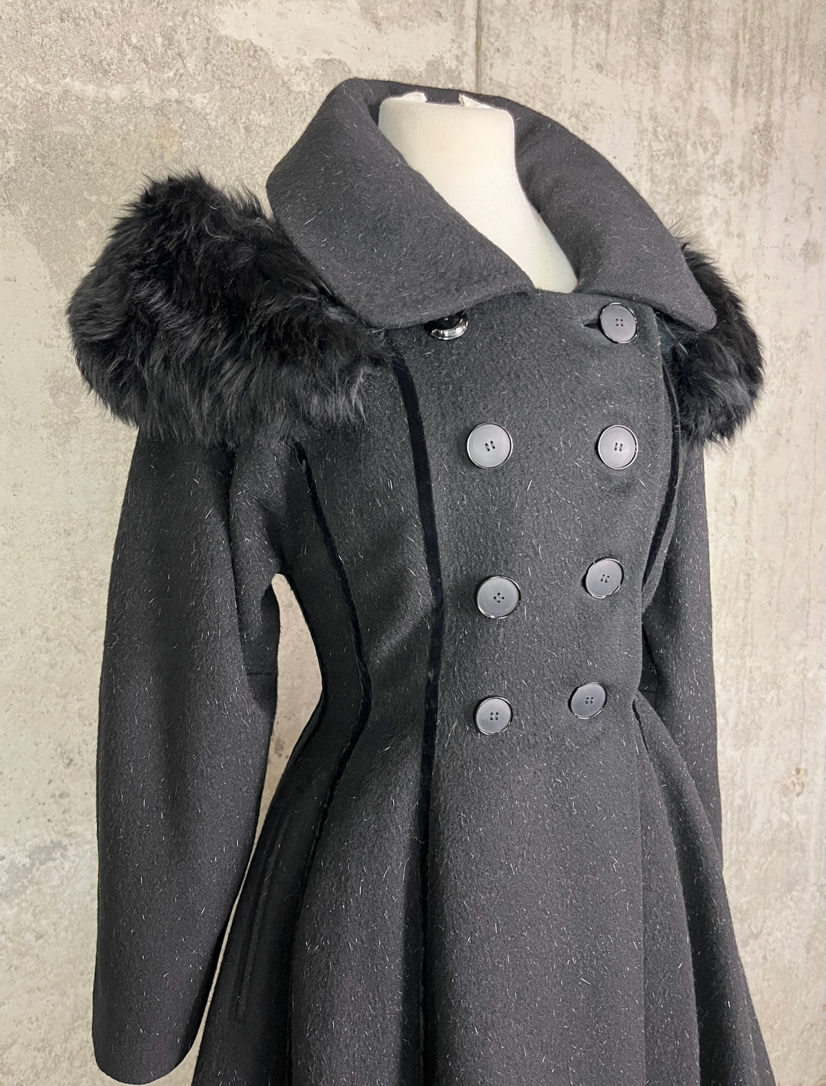 Vintage 1950s Lilli Ann Black Eyelash Wool Velvet Princess Coat