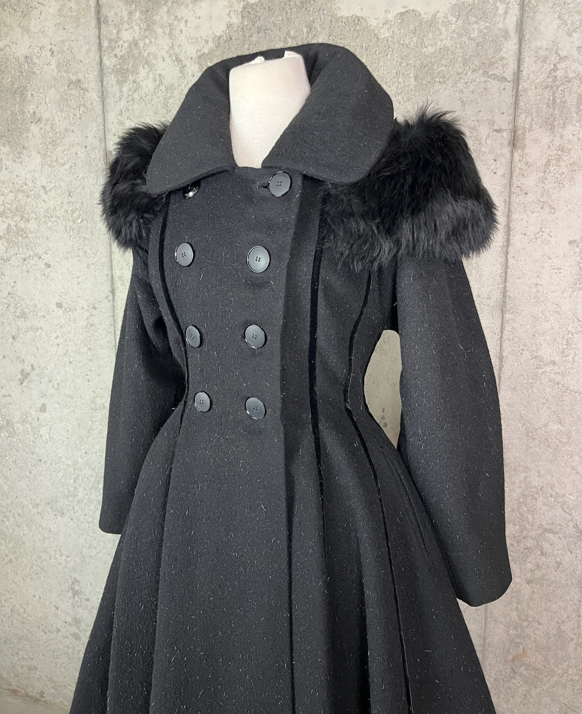 Vintage 1950s Lilli Ann Black Eyelash Wool Velvet Princess Coat