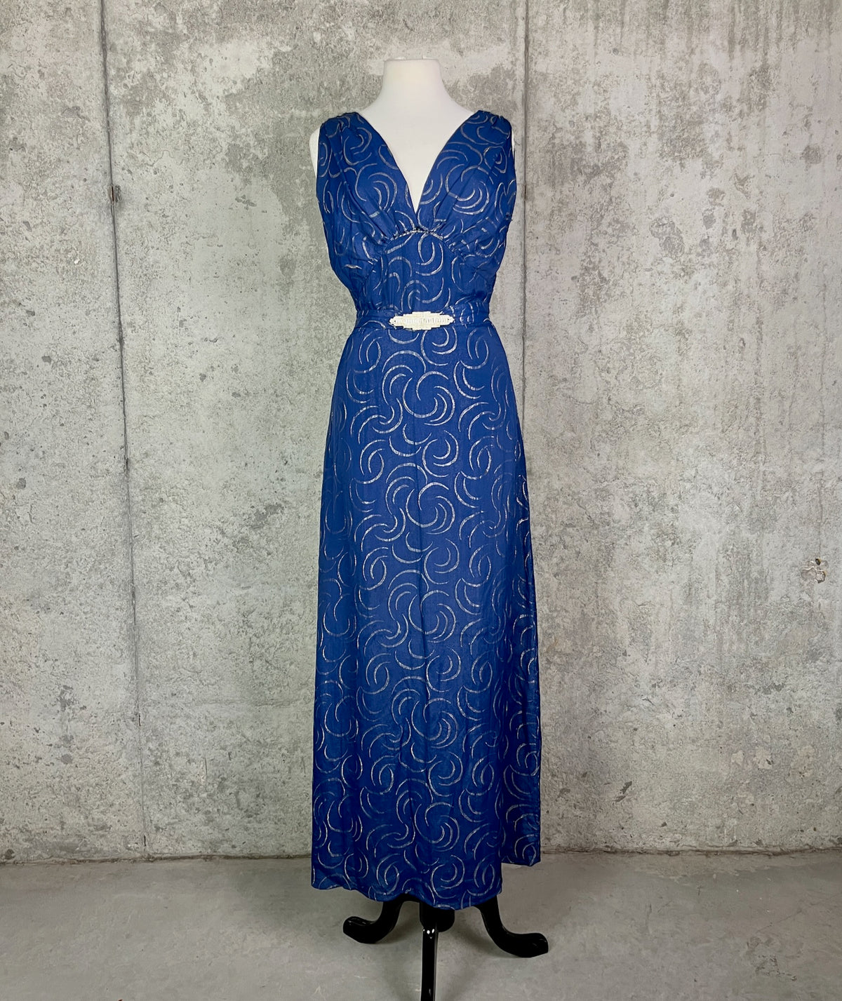 Vintage 1930s Blue & Silver Lamé Evening Gown with Art Deco Clasp Belt