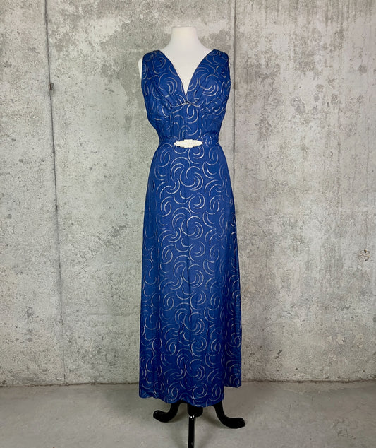 Vintage 1930s Blue & Silver Lamé Evening Gown with Art Deco Clasp Belt