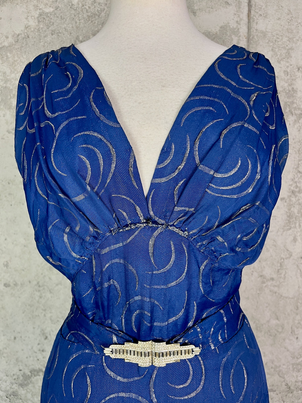 Vintage 1930s Blue & Silver Lamé Evening Gown with Art Deco Clasp Belt