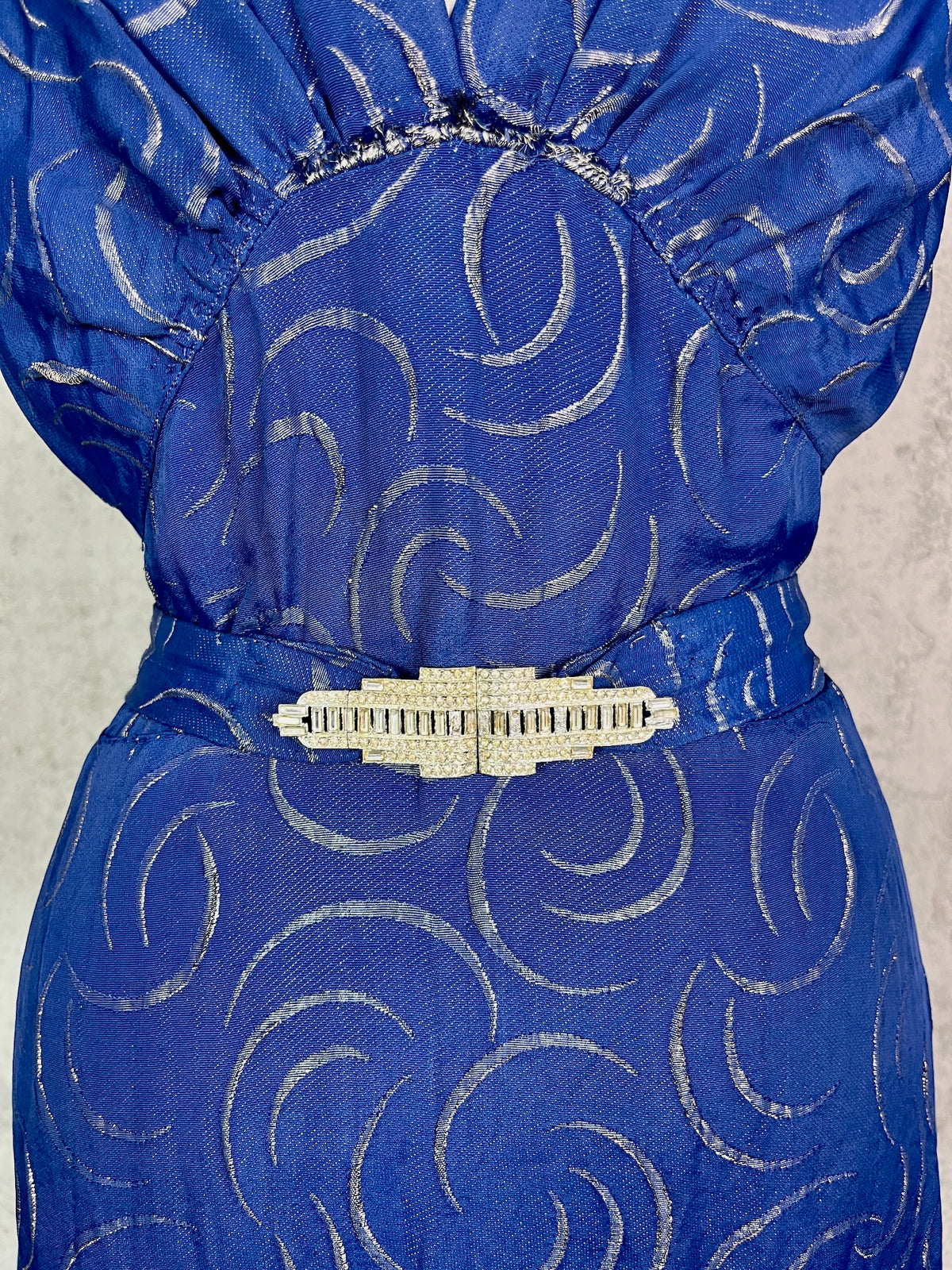Vintage 1930s Blue & Silver Lamé Evening Gown with Art Deco Clasp Belt