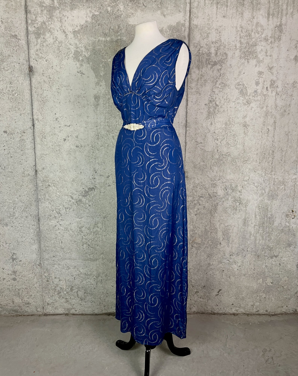Vintage 1930s Blue & Silver Lamé Evening Gown with Art Deco Clasp Belt