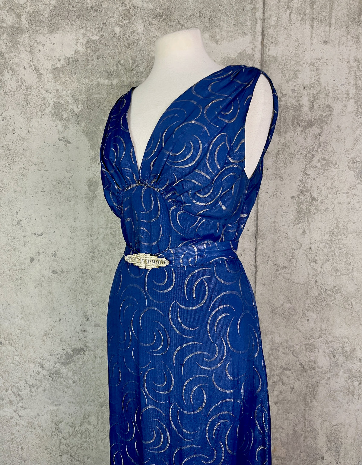 Vintage 1930s Blue & Silver Lamé Evening Gown with Art Deco Clasp Belt