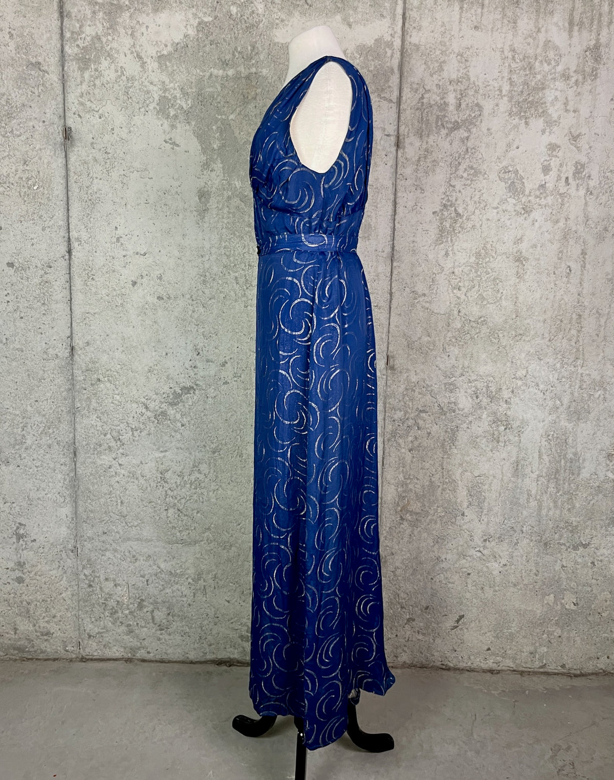 Vintage 1930s Blue & Silver Lamé Evening Gown with Art Deco Clasp Belt