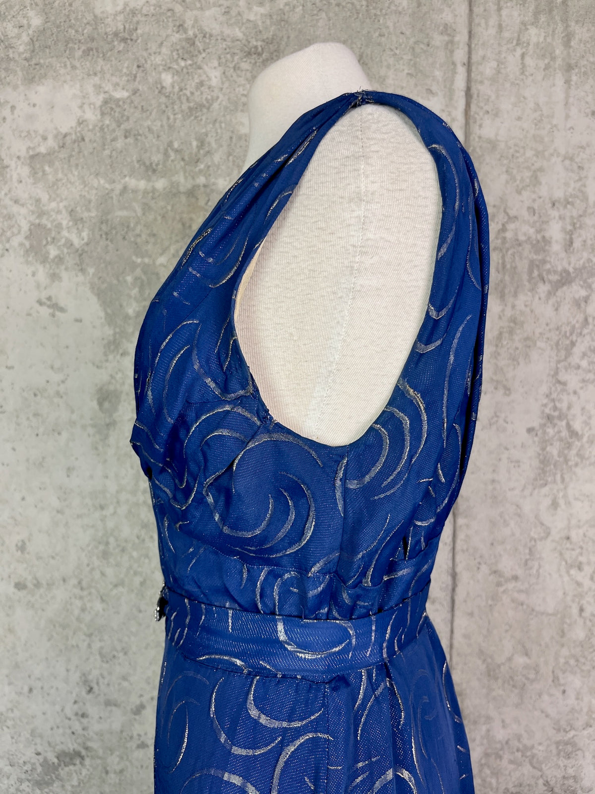 Vintage 1930s Blue & Silver Lamé Evening Gown with Art Deco Clasp Belt