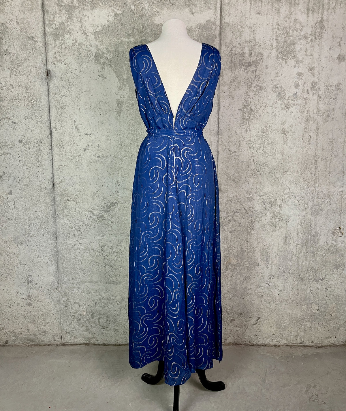 Vintage 1930s Blue & Silver Lamé Evening Gown with Art Deco Clasp Belt