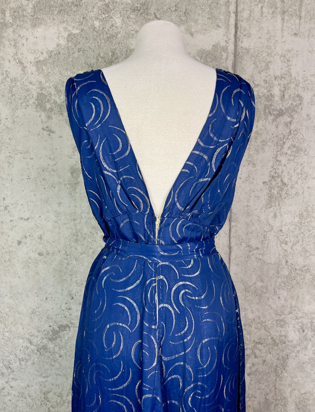 Vintage 1930s Blue & Silver Lamé Evening Gown with Art Deco Clasp Belt