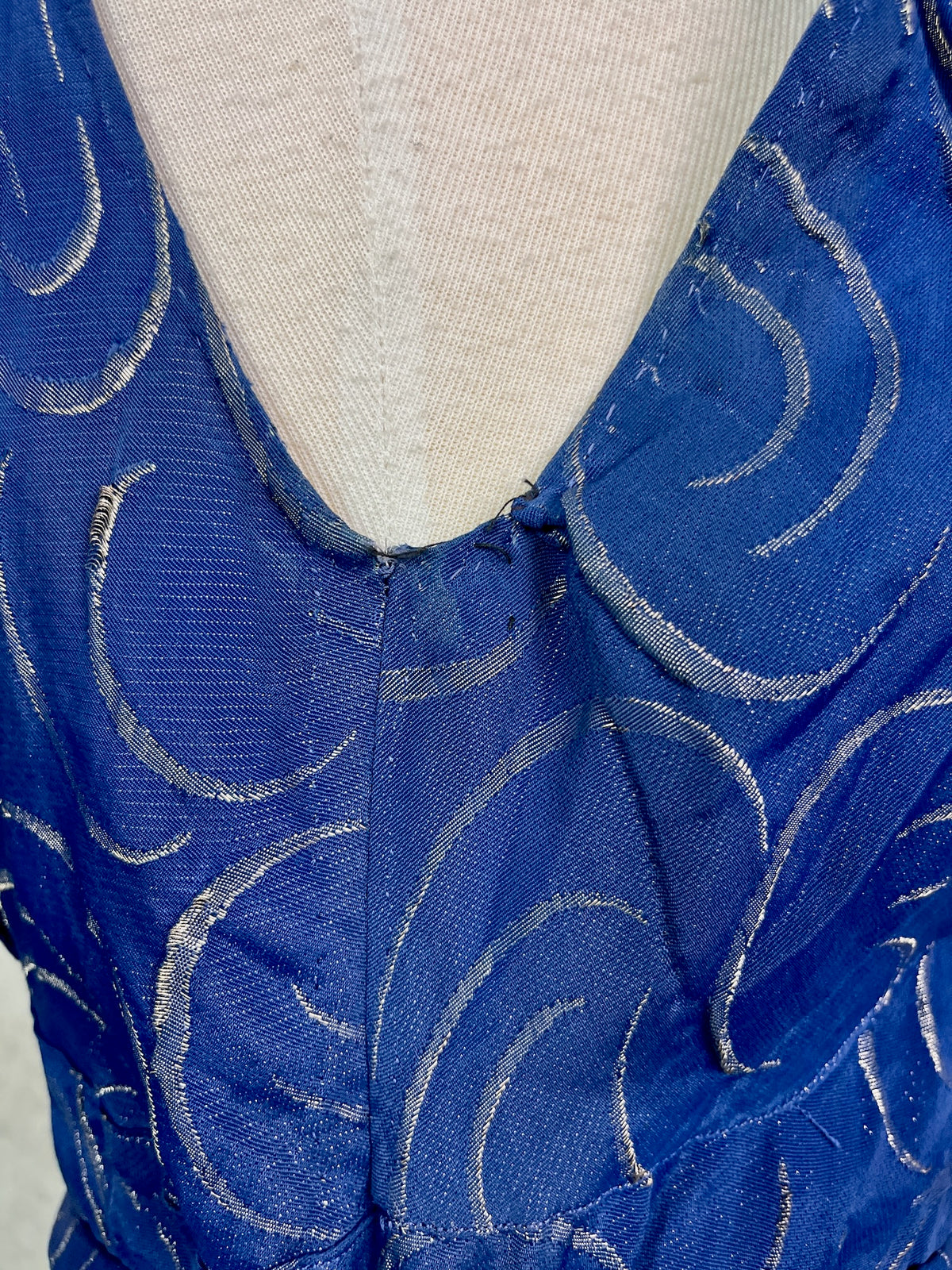 Vintage 1930s Blue & Silver Lamé Evening Gown with Art Deco Clasp Belt