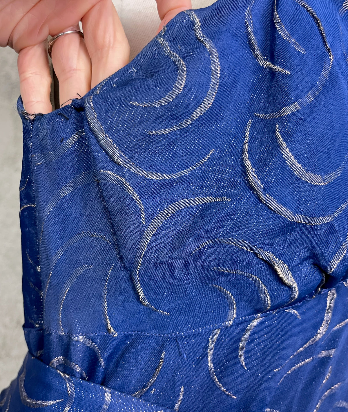 Vintage 1930s Blue & Silver Lamé Evening Gown with Art Deco Clasp Belt
