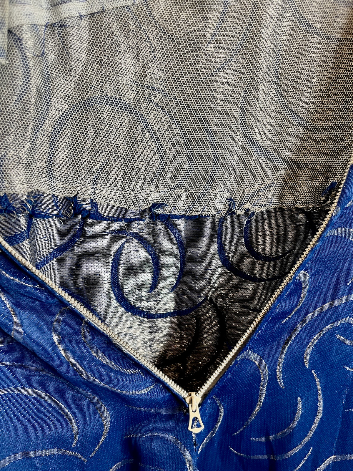 Vintage 1930s Blue & Silver Lamé Evening Gown with Art Deco Clasp Belt