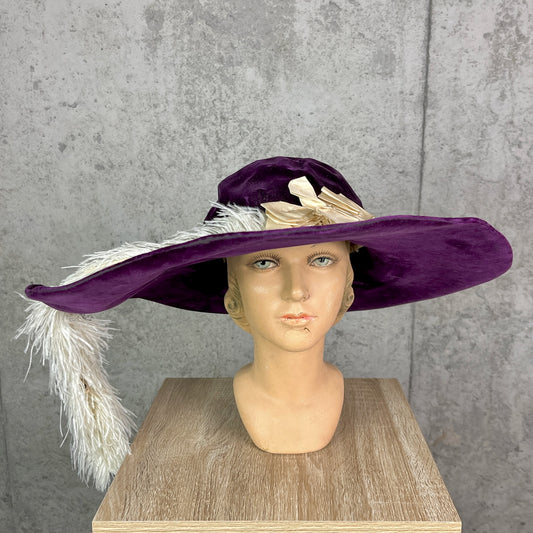 Antique 1910s Purple Velvet Extra Wide Brim Picture Hat with Ostrich Feather Plume, Titanic Era Hat