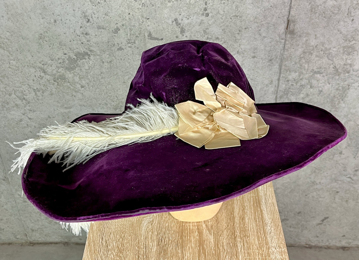 Antique 1910s Purple Velvet Extra Wide Brim Picture Hat with Ostrich Feather Plume, Titanic Era Hat