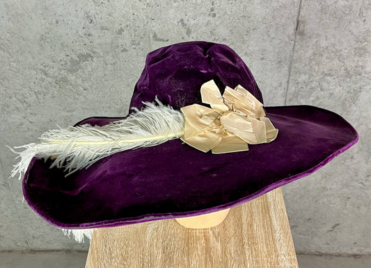 Antique 1910s Purple Velvet Extra Wide Brim Picture Hat with Ostrich Feather Plume, Titanic Era Hat