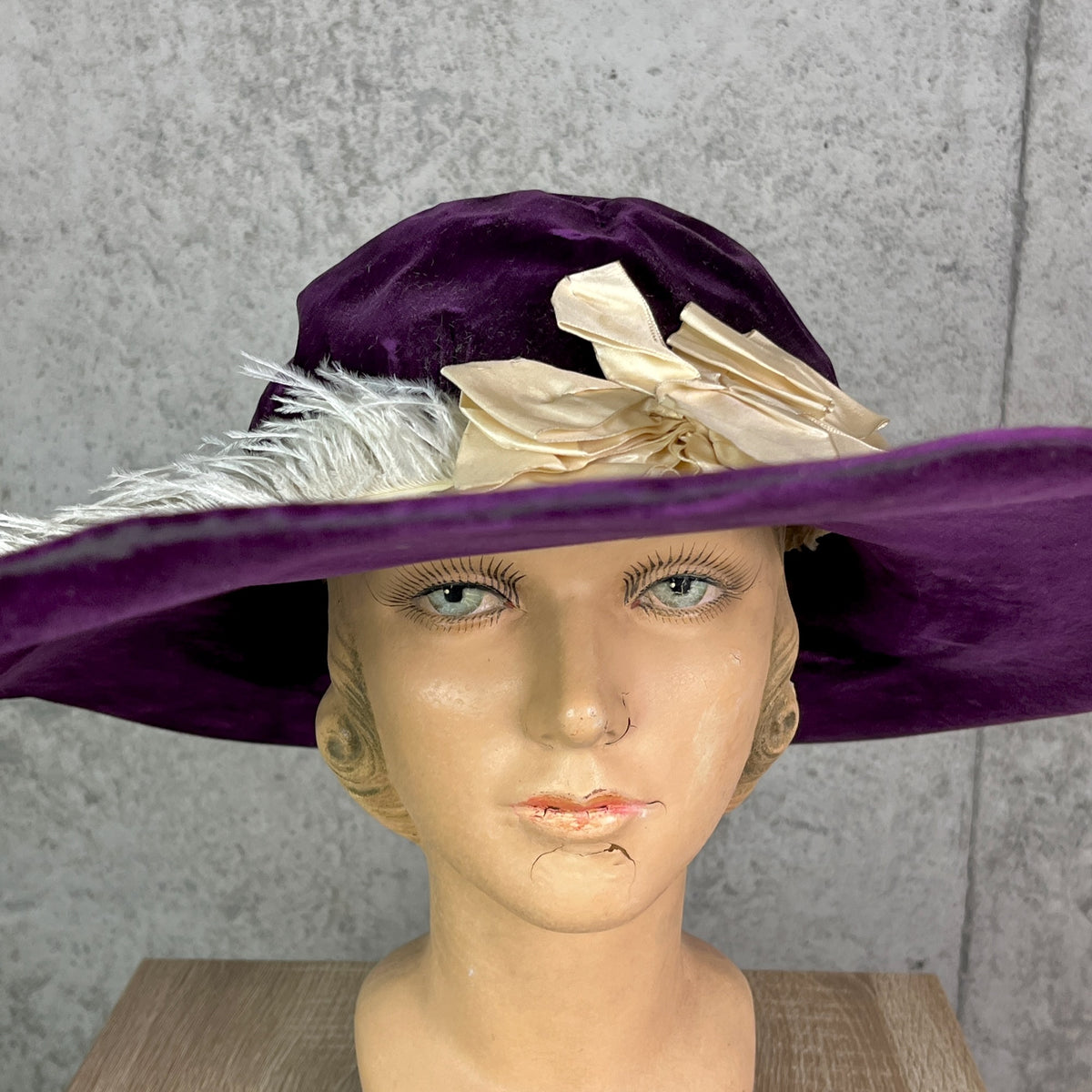 Antique 1910s Purple Velvet Extra Wide Brim Picture Hat with Ostrich Feather Plume, Titanic Era Hat