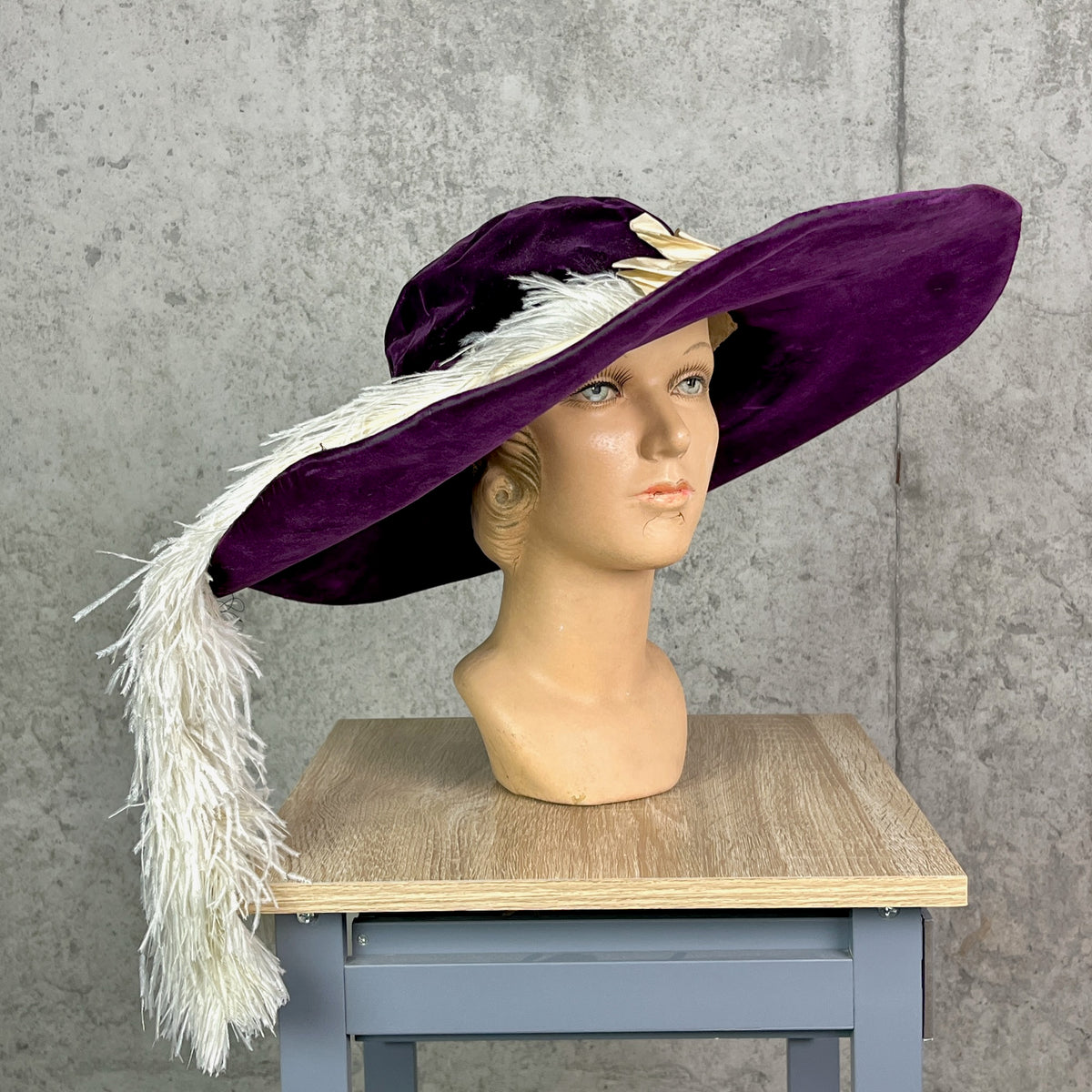 Antique 1910s Purple Velvet Extra Wide Brim Picture Hat with Ostrich Feather Plume, Titanic Era Hat