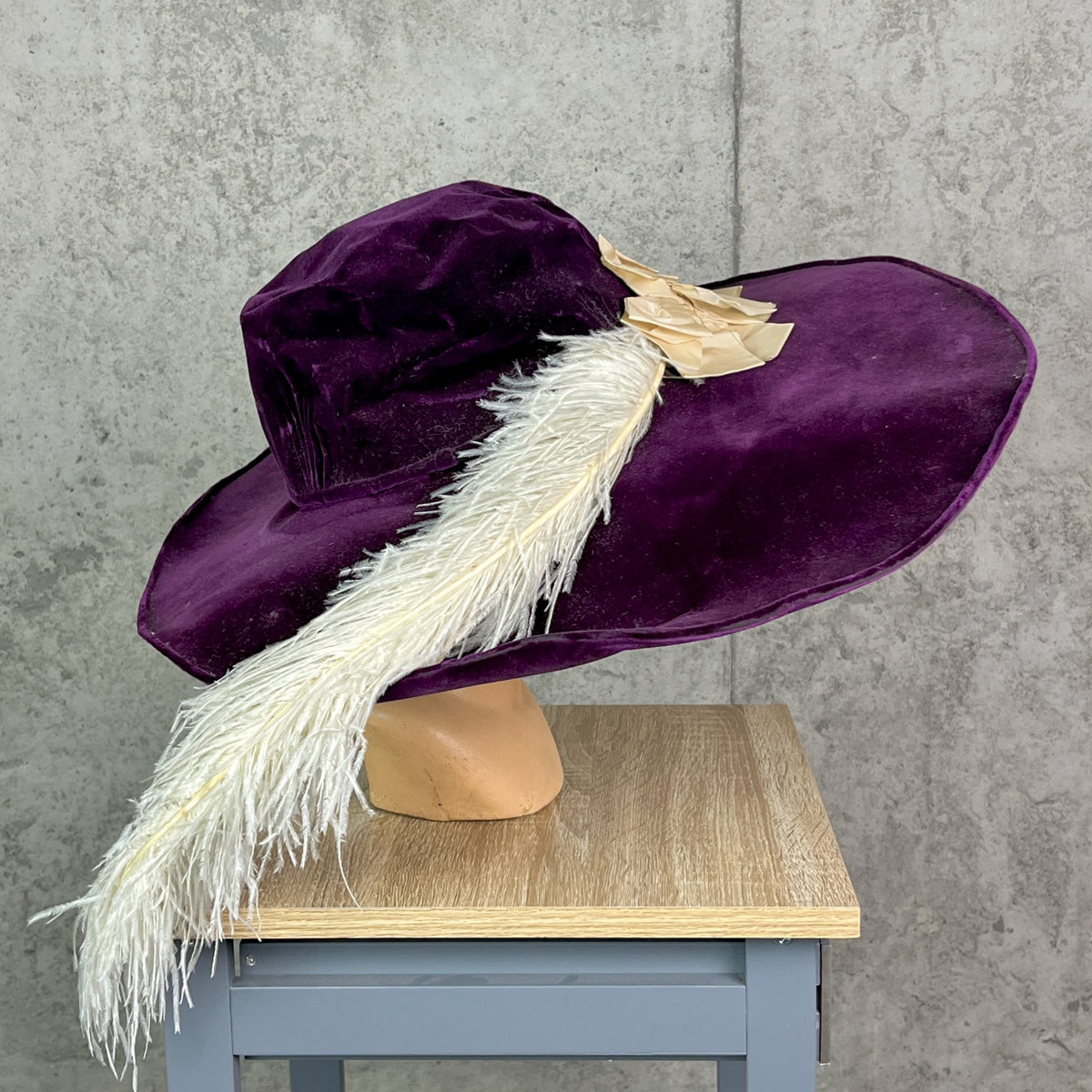 Antique 1910s Purple Velvet Extra Wide Brim Picture Hat with Ostrich Feather Plume, Titanic Era Hat