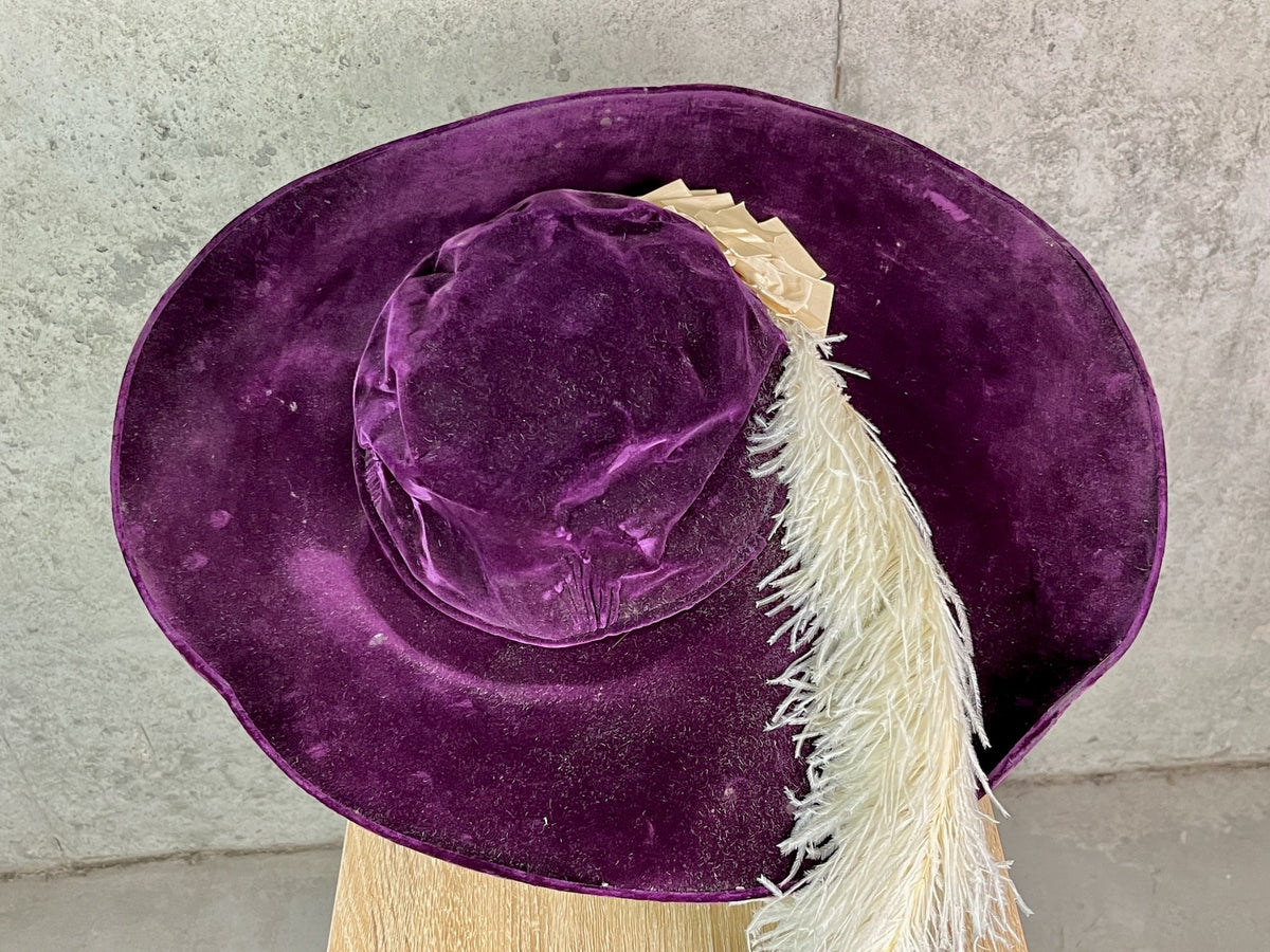 Antique 1910s Purple Velvet Extra Wide Brim Picture Hat with Ostrich Feather Plume, Titanic Era Hat