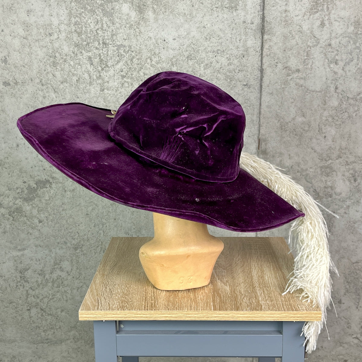 Antique 1910s Purple Velvet Extra Wide Brim Picture Hat with Ostrich Feather Plume, Titanic Era Hat