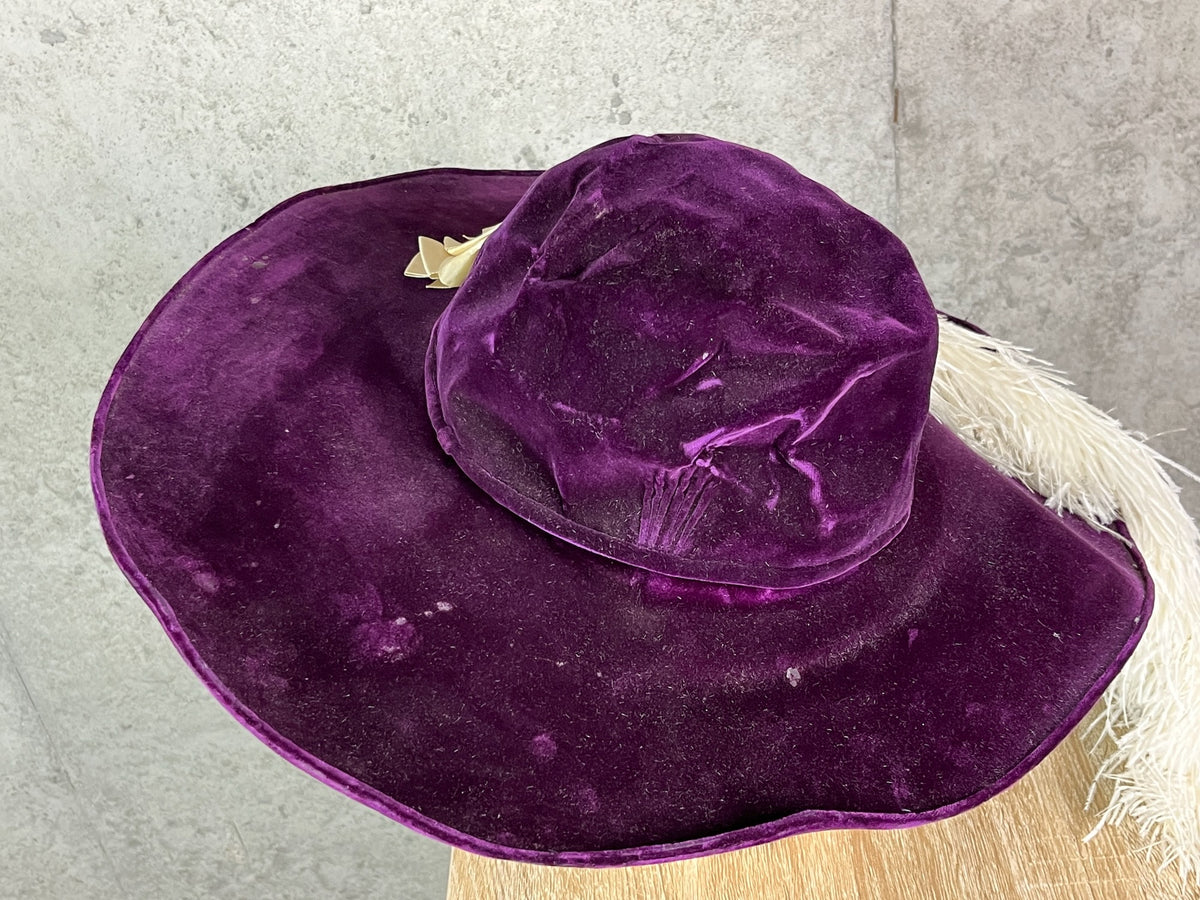 Antique 1910s Purple Velvet Extra Wide Brim Picture Hat with Ostrich Feather Plume, Titanic Era Hat