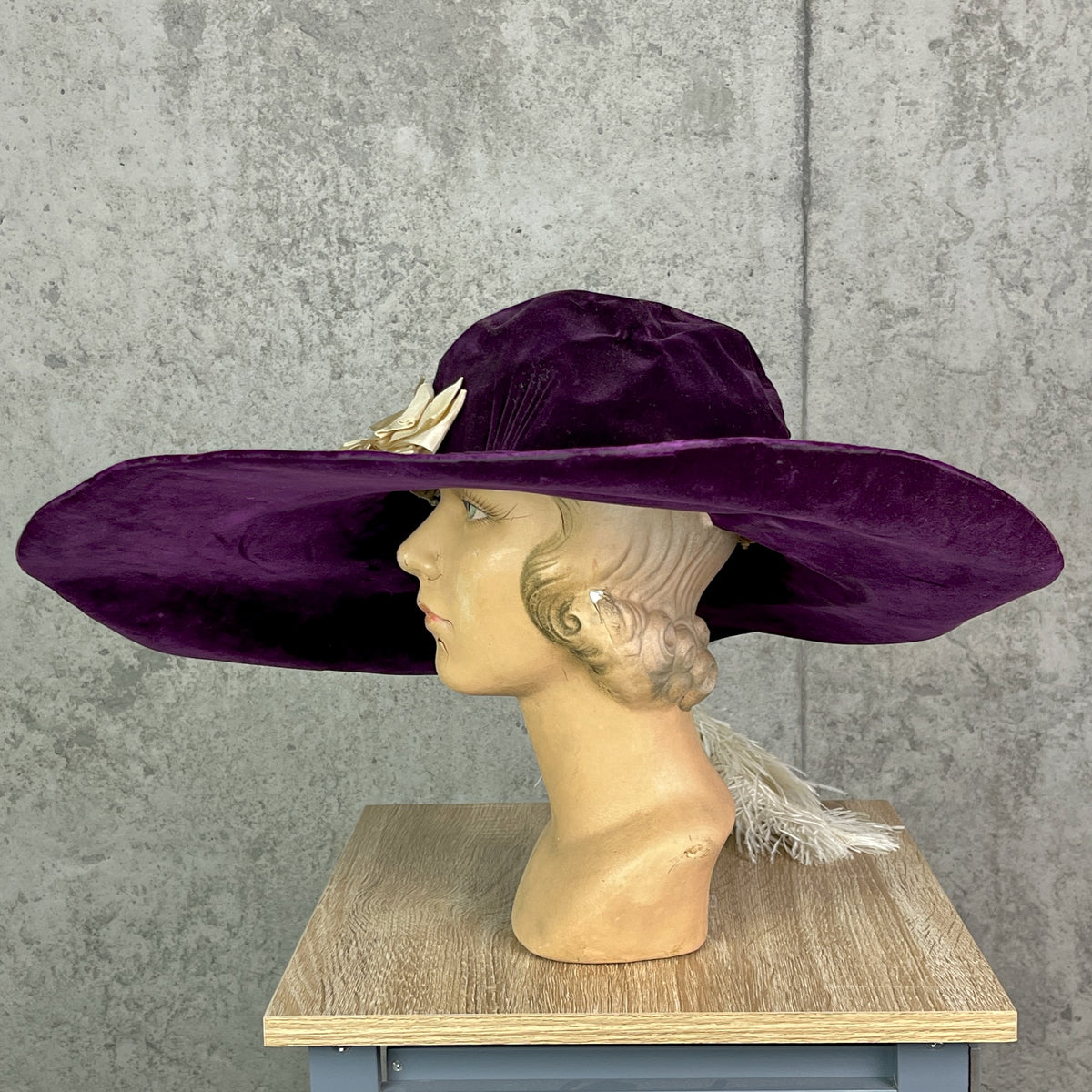 Antique 1910s Purple Velvet Extra Wide Brim Picture Hat with Ostrich Feather Plume, Titanic Era Hat
