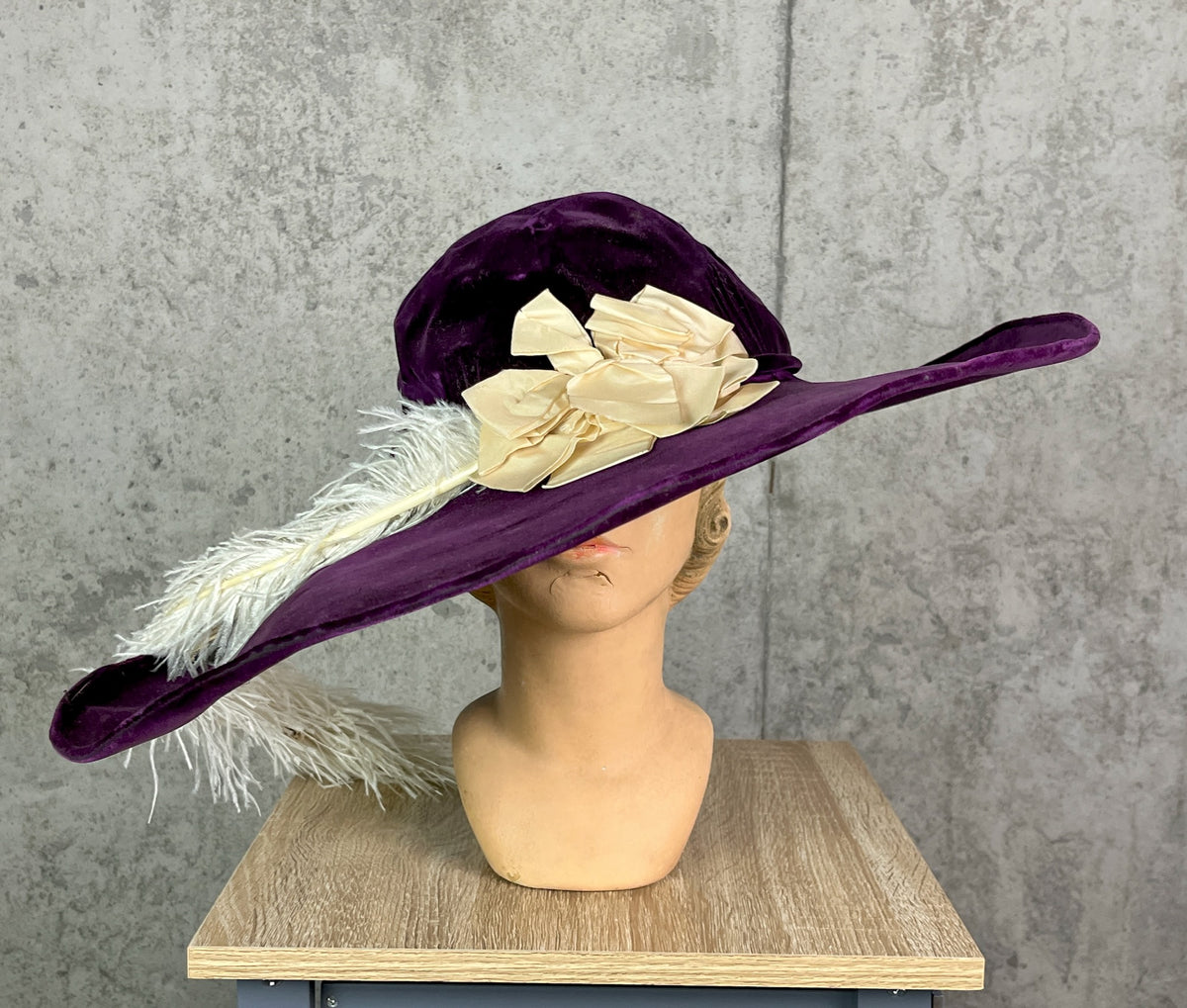 Antique 1910s Purple Velvet Extra Wide Brim Picture Hat with Ostrich Feather Plume, Titanic Era Hat