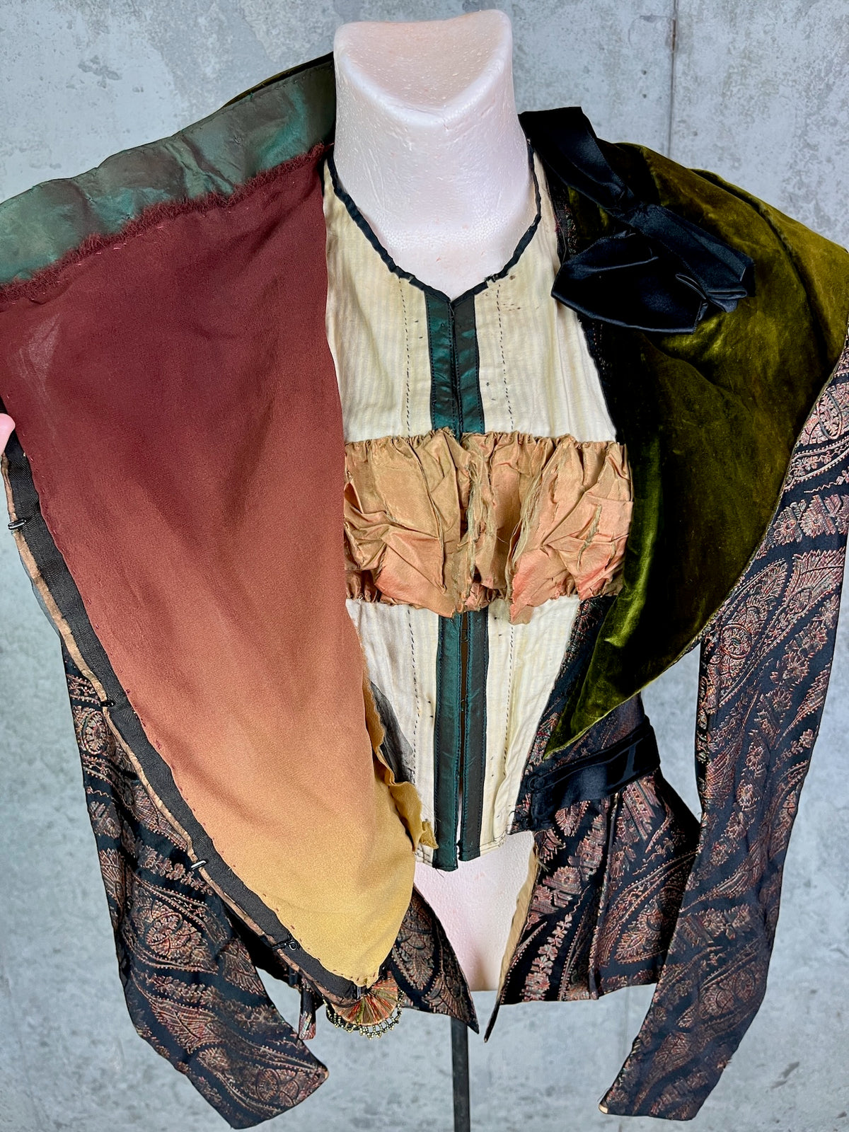 Antique 1890s Victorian Silk Paisley Peplum Bodice Jacket with Green Velvet Collar