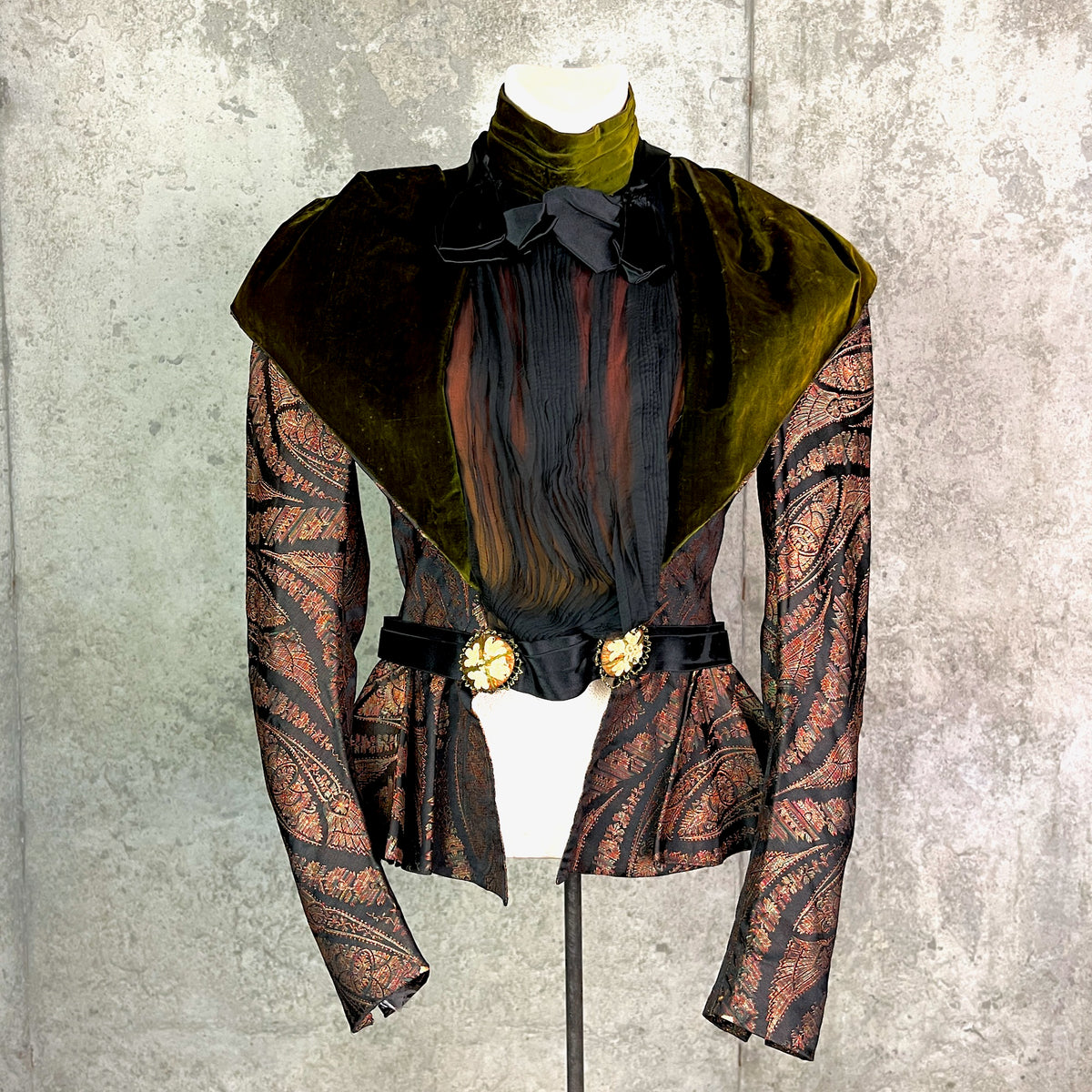 Antique 1890s Victorian Silk Paisley Peplum Bodice Jacket with Green Velvet Collar