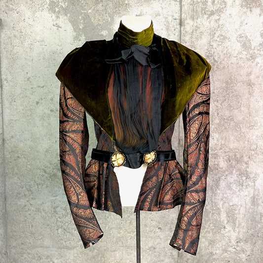 Antique 1890s Victorian Silk Paisley Peplum Bodice Jacket with Green Velvet Collar