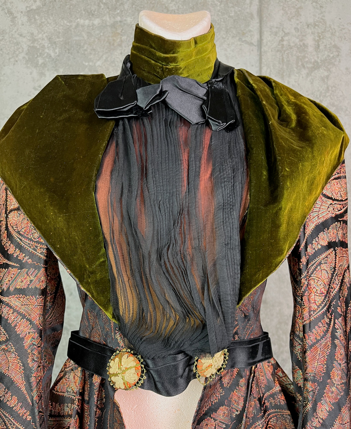 Antique 1890s Victorian Silk Paisley Peplum Bodice Jacket with Green Velvet Collar