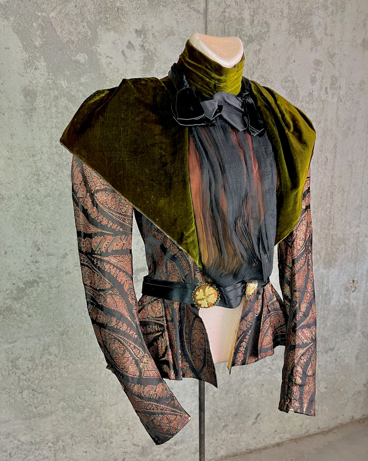 Antique 1890s Victorian Silk Paisley Peplum Bodice Jacket with Green Velvet Collar