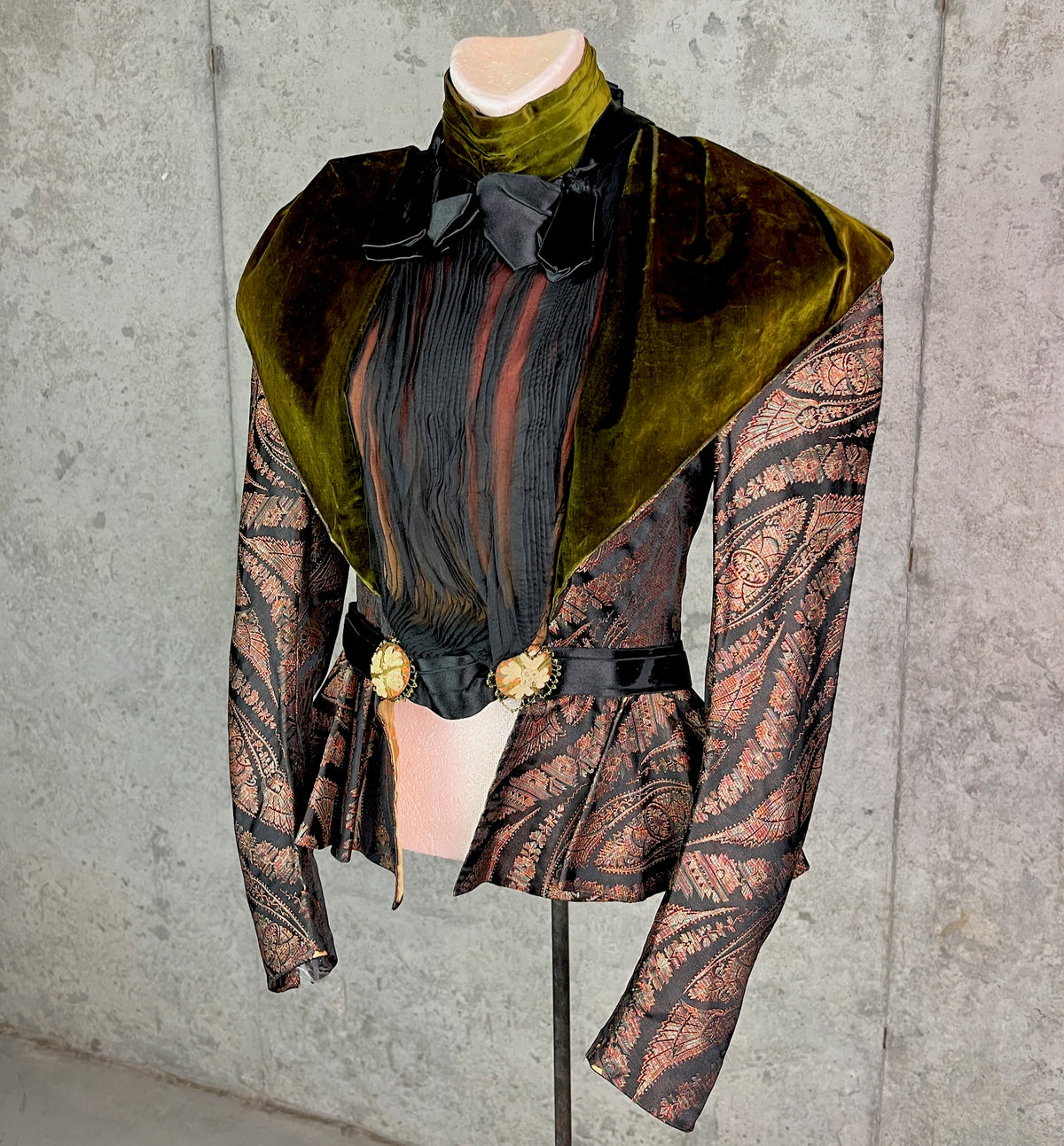Antique 1890s Victorian Silk Paisley Peplum Bodice Jacket with Green Velvet Collar
