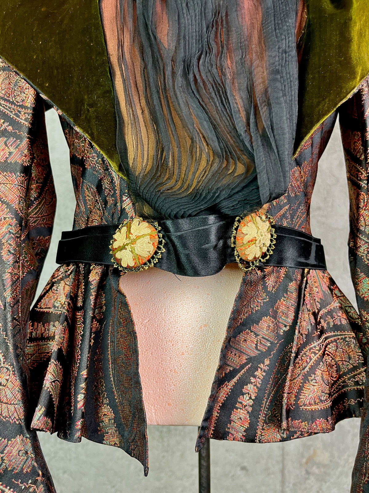 Antique 1890s Victorian Silk Paisley Peplum Bodice Jacket with Green Velvet Collar