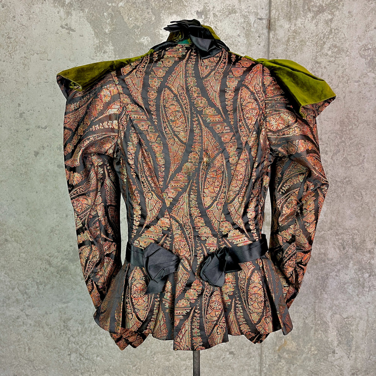 Antique 1890s Victorian Silk Paisley Peplum Bodice Jacket with Green Velvet Collar