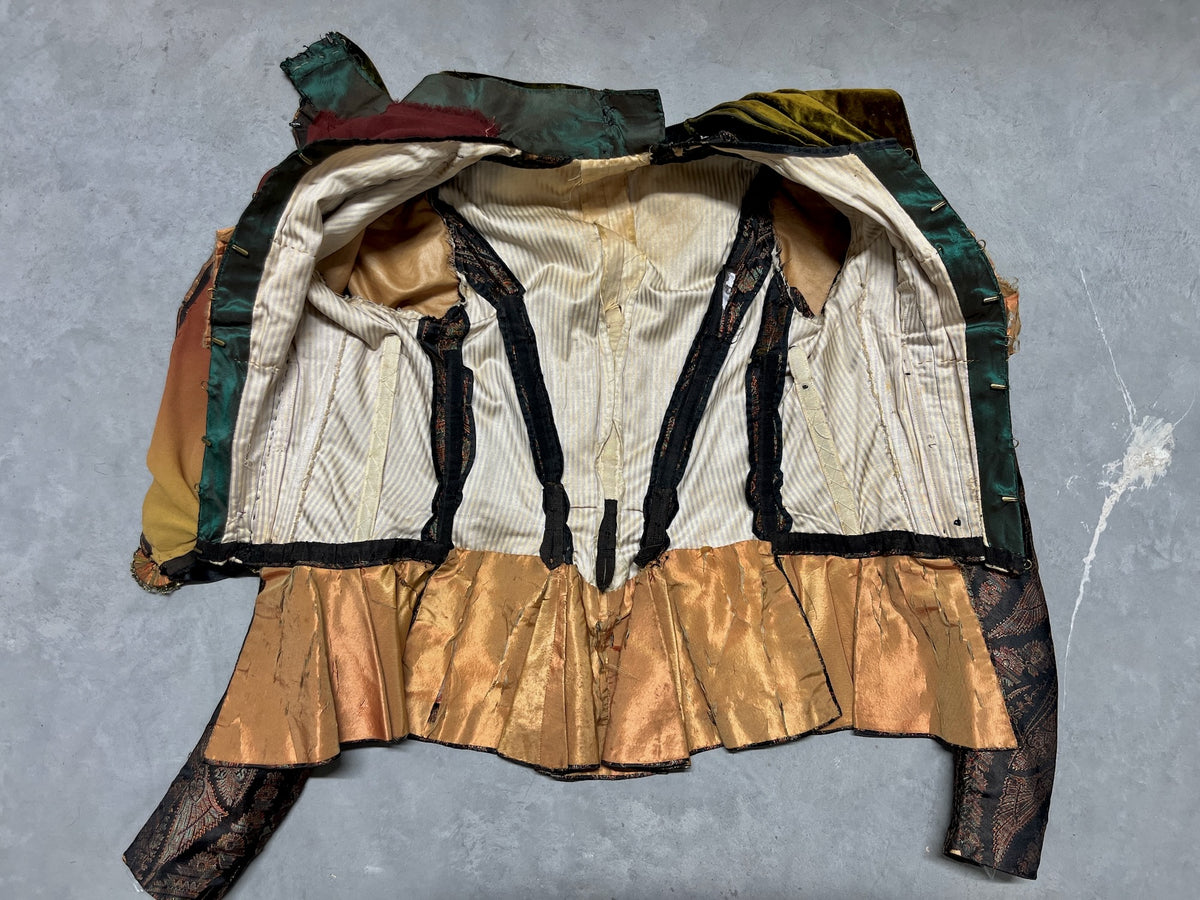 Antique 1890s Victorian Silk Paisley Peplum Bodice Jacket with Green Velvet Collar