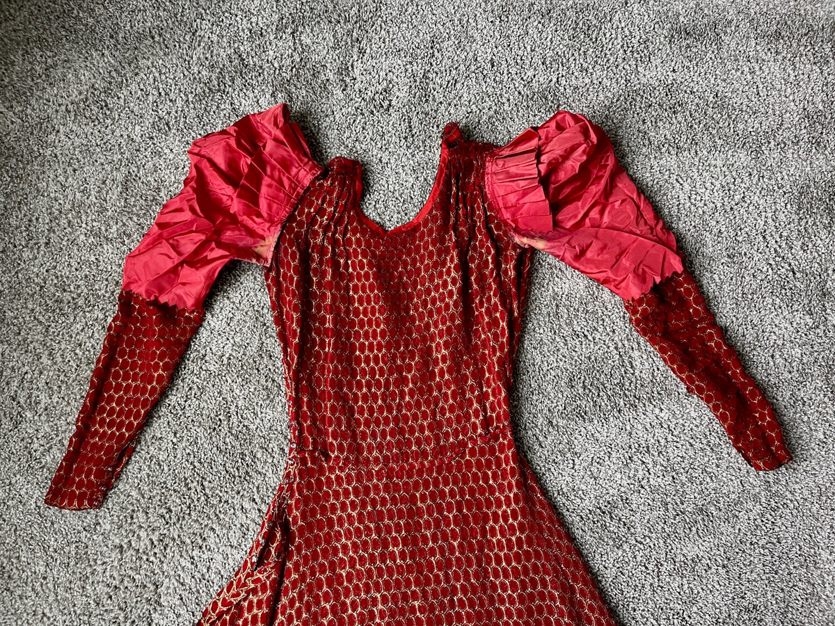Vintage 1930s Red Silk Gold Lamé Brocade Gown with Leg-of-Mutton Sleeves