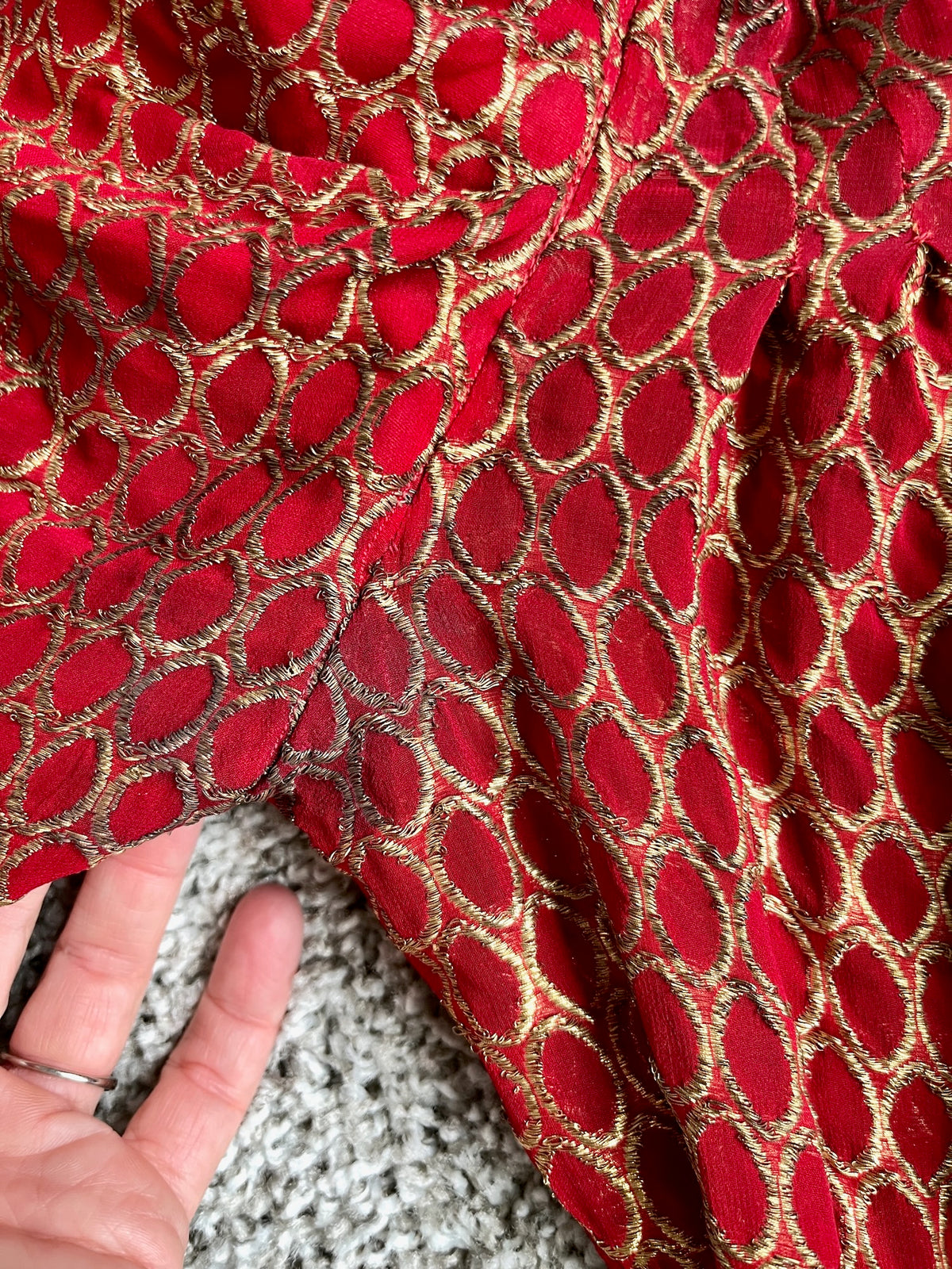 Vintage 1930s Red Silk Gold Lamé Brocade Gown with Leg-of-Mutton Sleeves