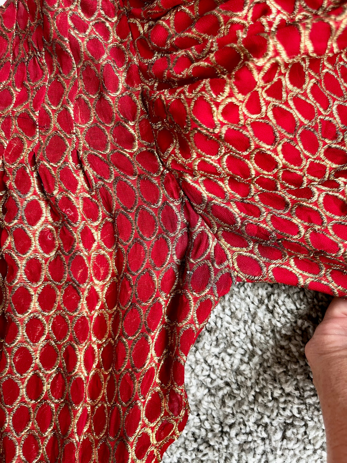 Vintage 1930s Red Silk Gold Lamé Brocade Gown with Leg-of-Mutton Sleeves