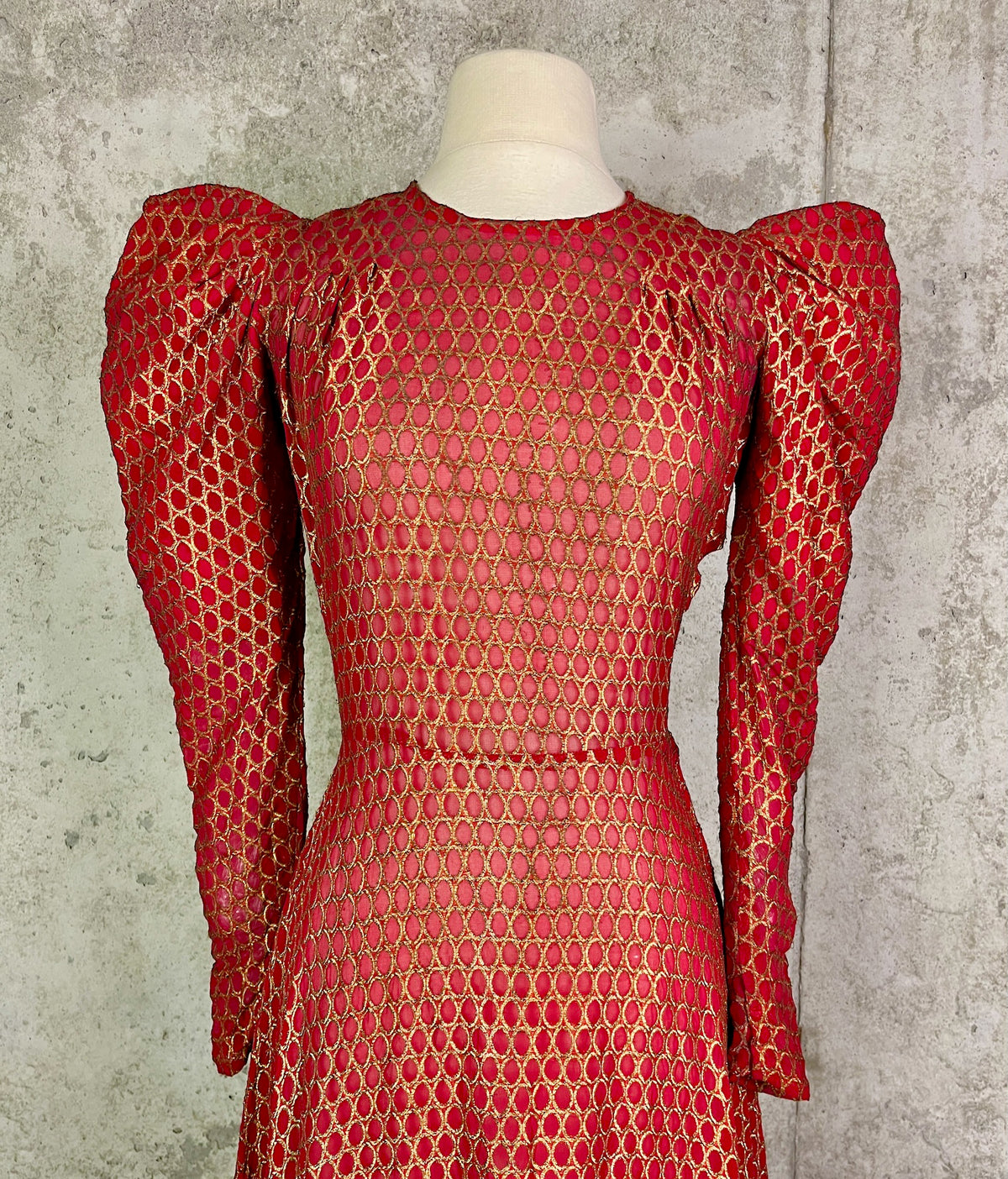 Vintage 1930s Red Silk Gold Lamé Brocade Gown with Leg-of-Mutton Sleeves