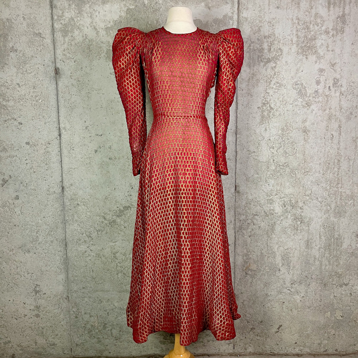 Vintage 1930s Red Silk Gold Lamé Brocade Gown with Leg-of-Mutton Sleeves