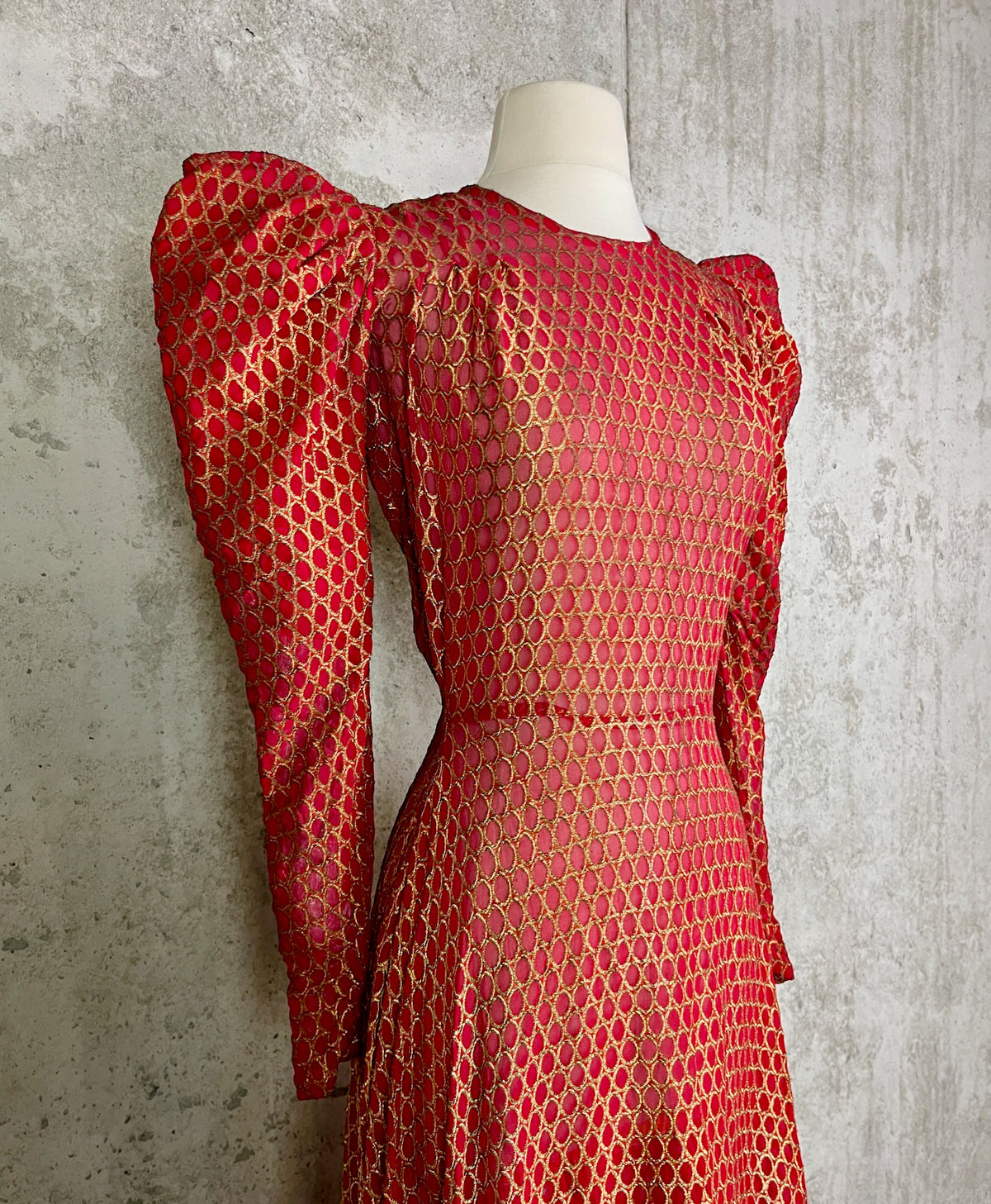 Vintage 1930s Red Silk Gold Lamé Brocade Gown with Leg-of-Mutton Sleeves