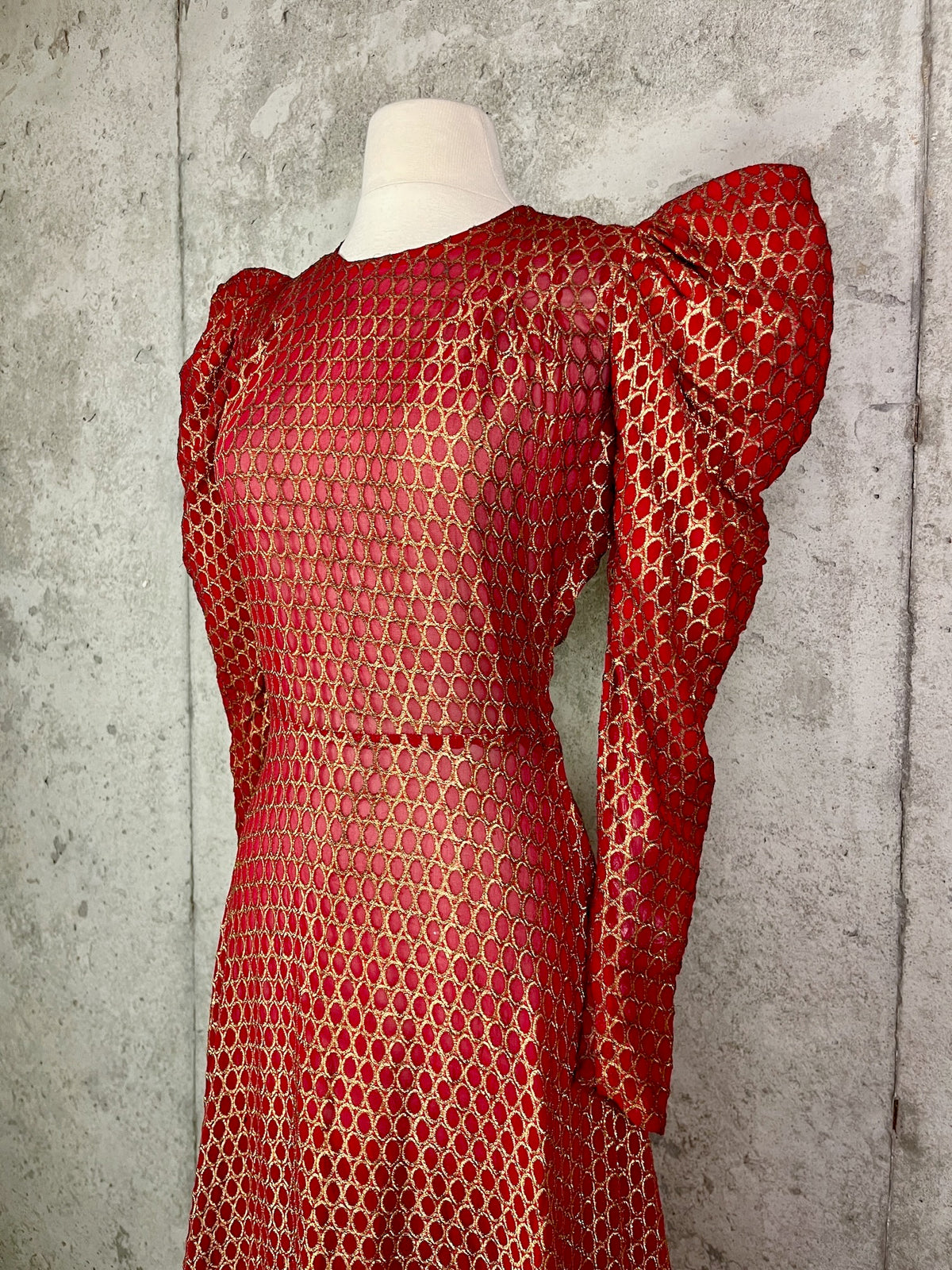 Vintage 1930s Red Silk Gold Lamé Brocade Gown with Leg-of-Mutton Sleeves