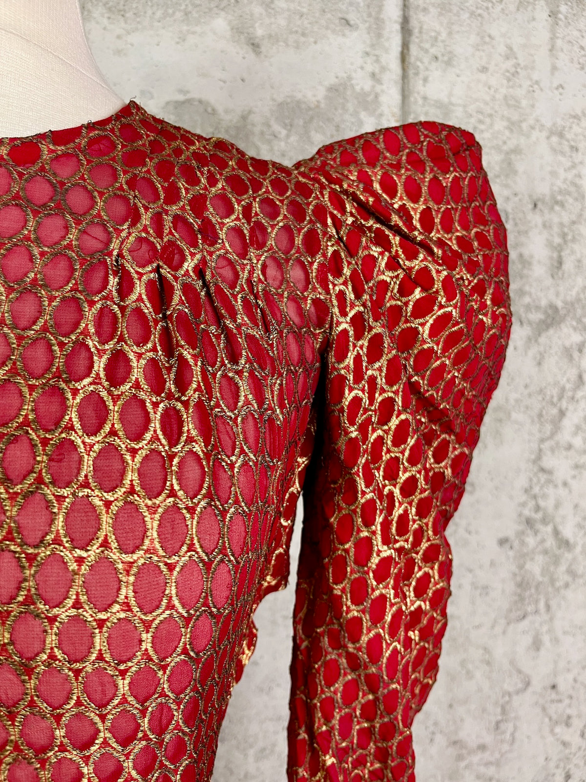 Vintage 1930s Red Silk Gold Lamé Brocade Gown with Leg-of-Mutton Sleeves