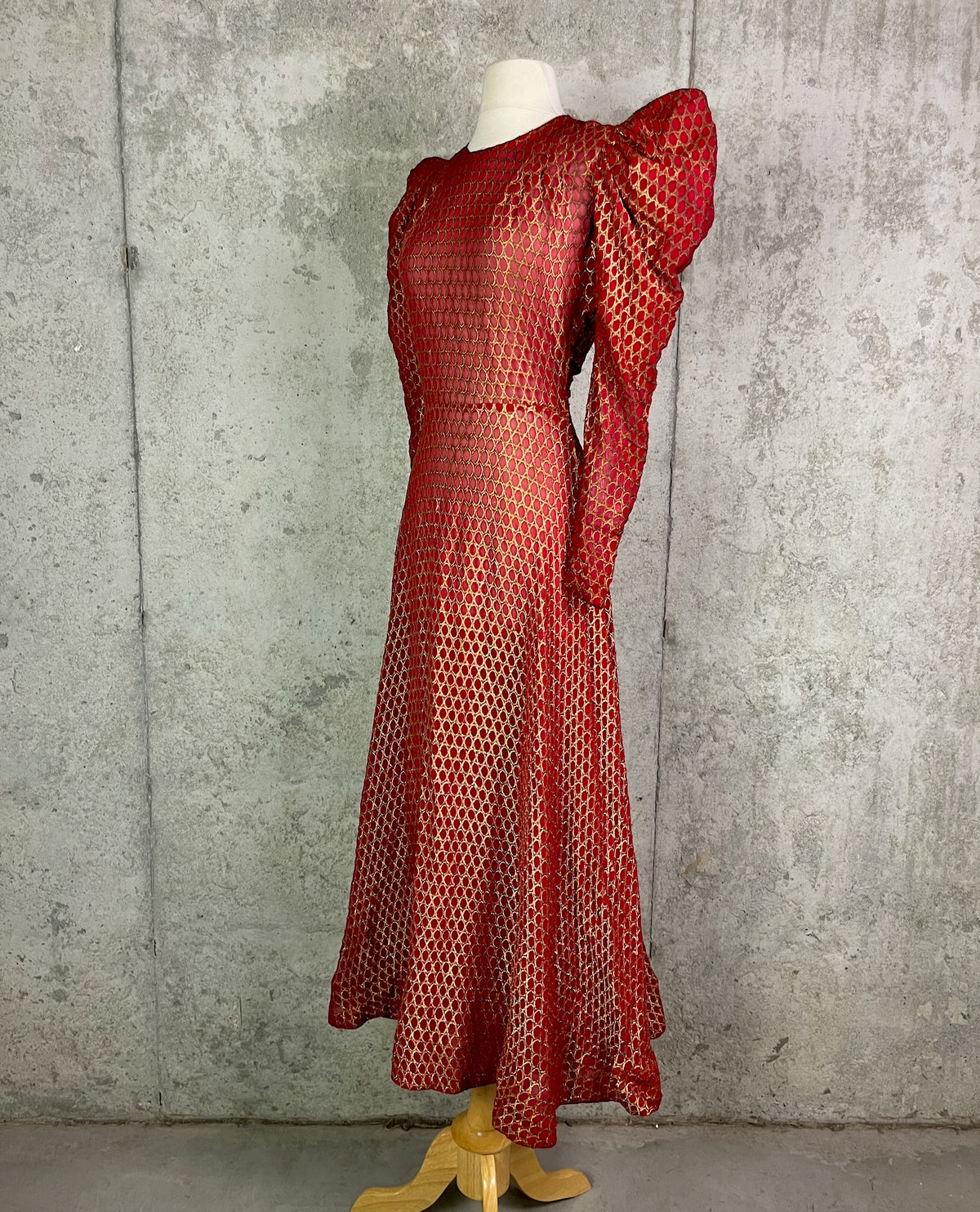 Vintage 1930s Red Silk Gold Lamé Brocade Gown with Leg-of-Mutton Sleeves