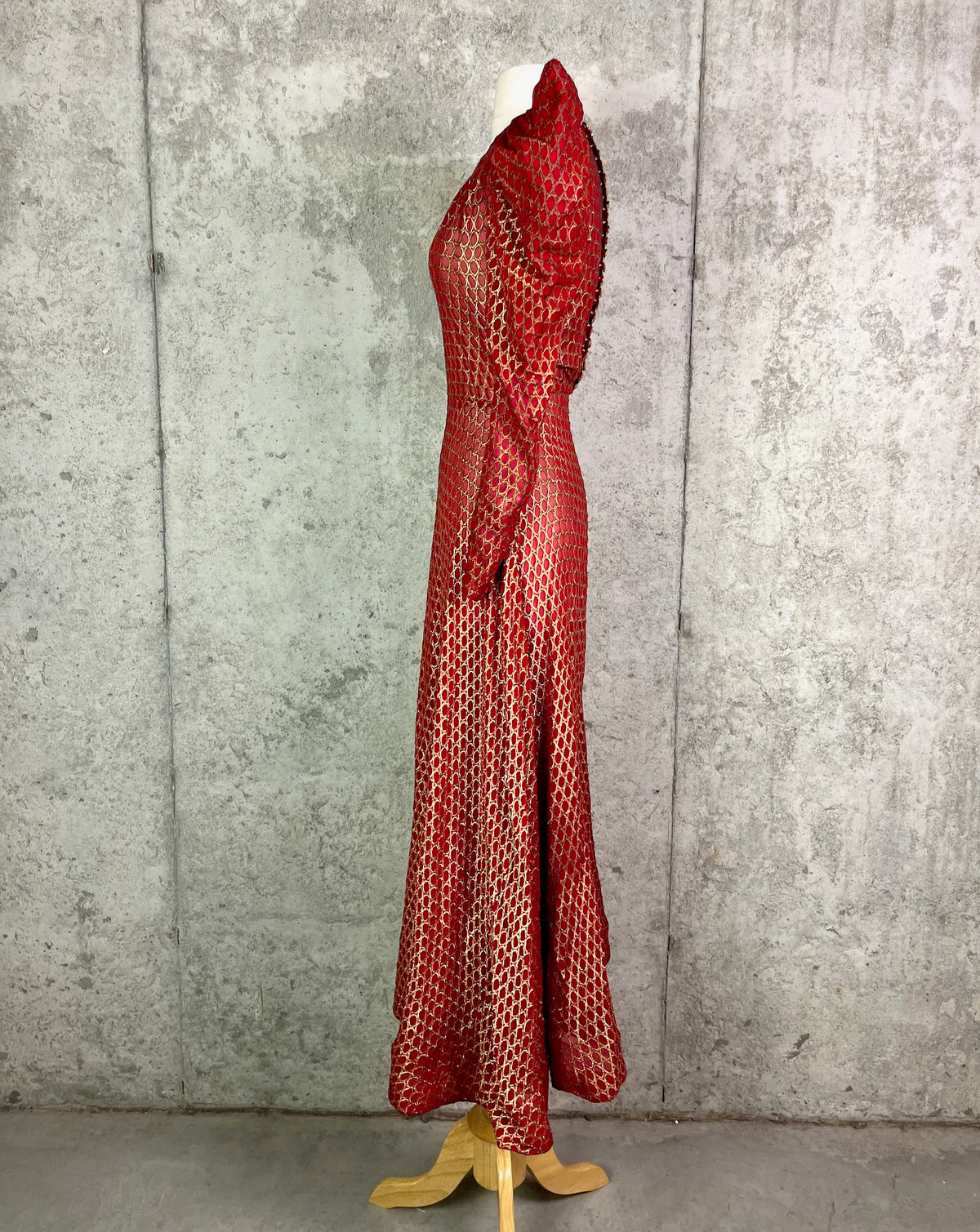 Vintage 1930s Red Silk Gold Lamé Brocade Gown with Leg-of-Mutton Sleeves