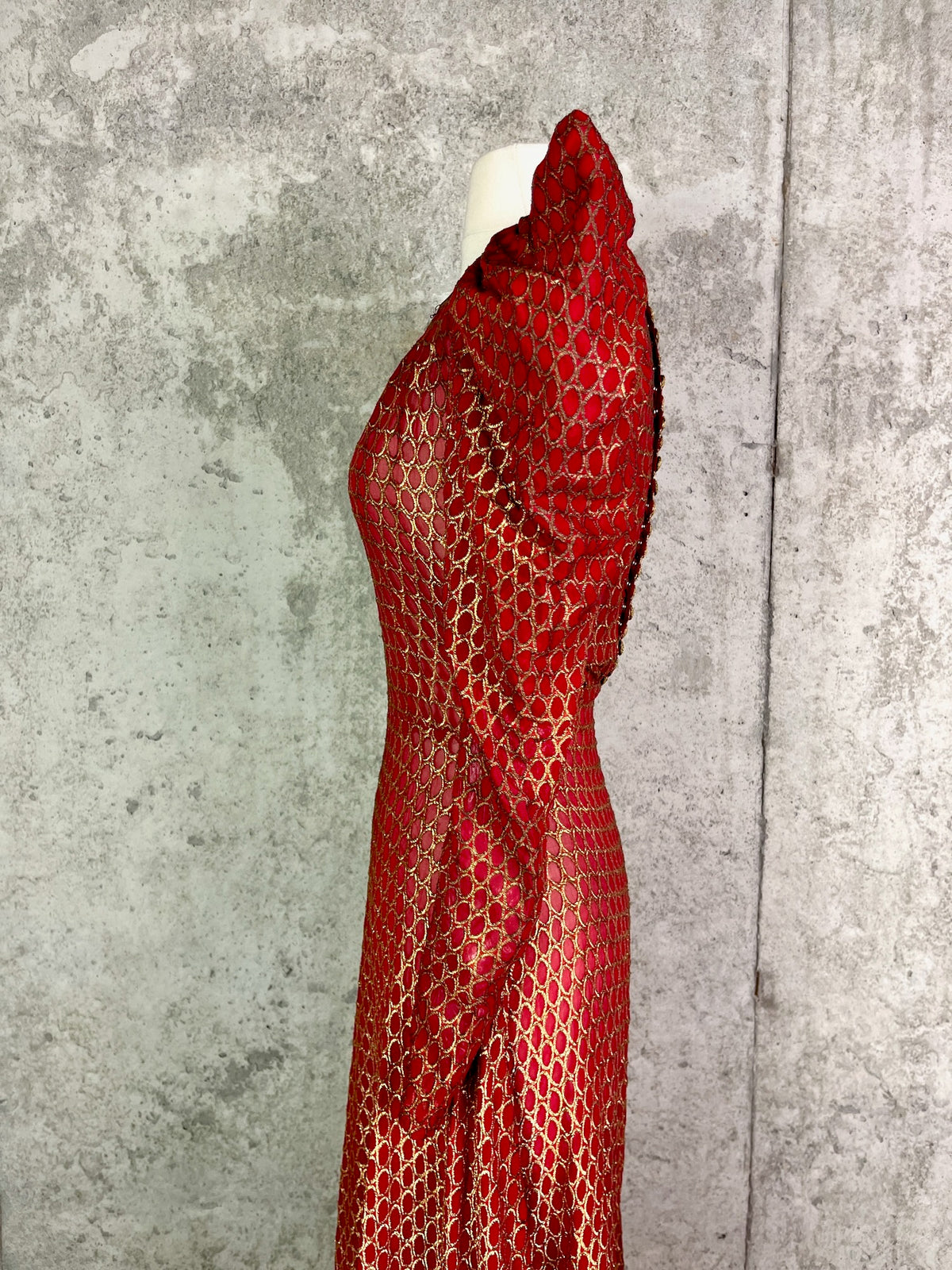 Vintage 1930s Red Silk Gold Lamé Brocade Gown with Leg-of-Mutton Sleeves