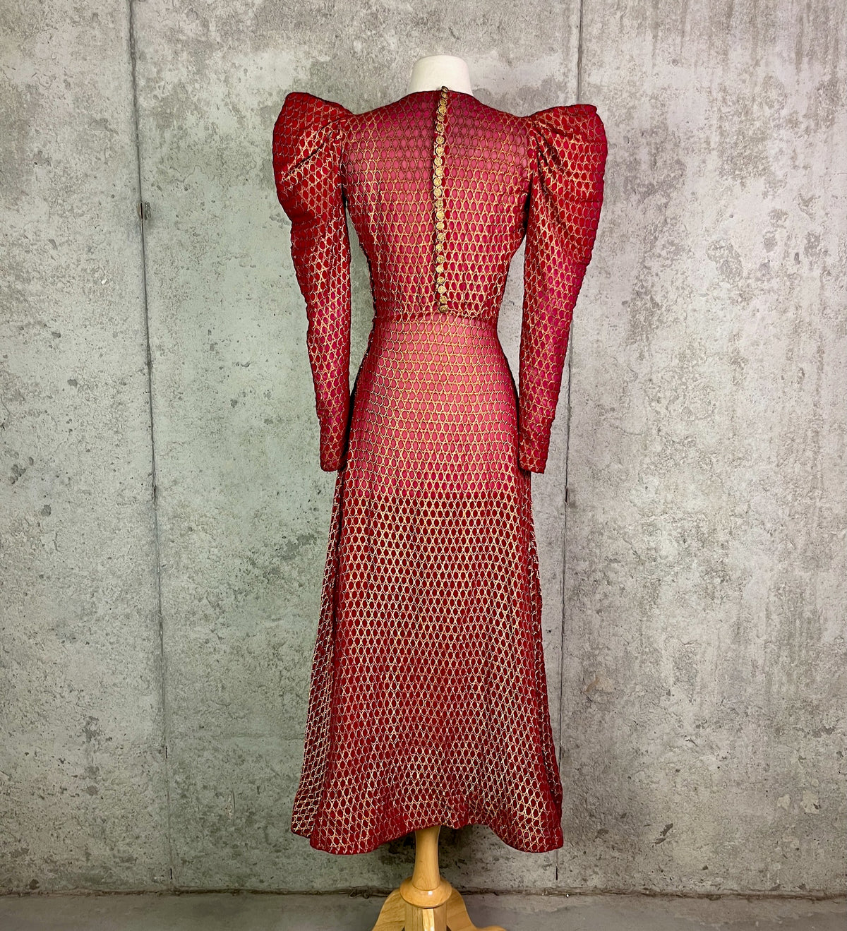 Vintage 1930s Red Silk Gold Lamé Brocade Gown with Leg-of-Mutton Sleeves