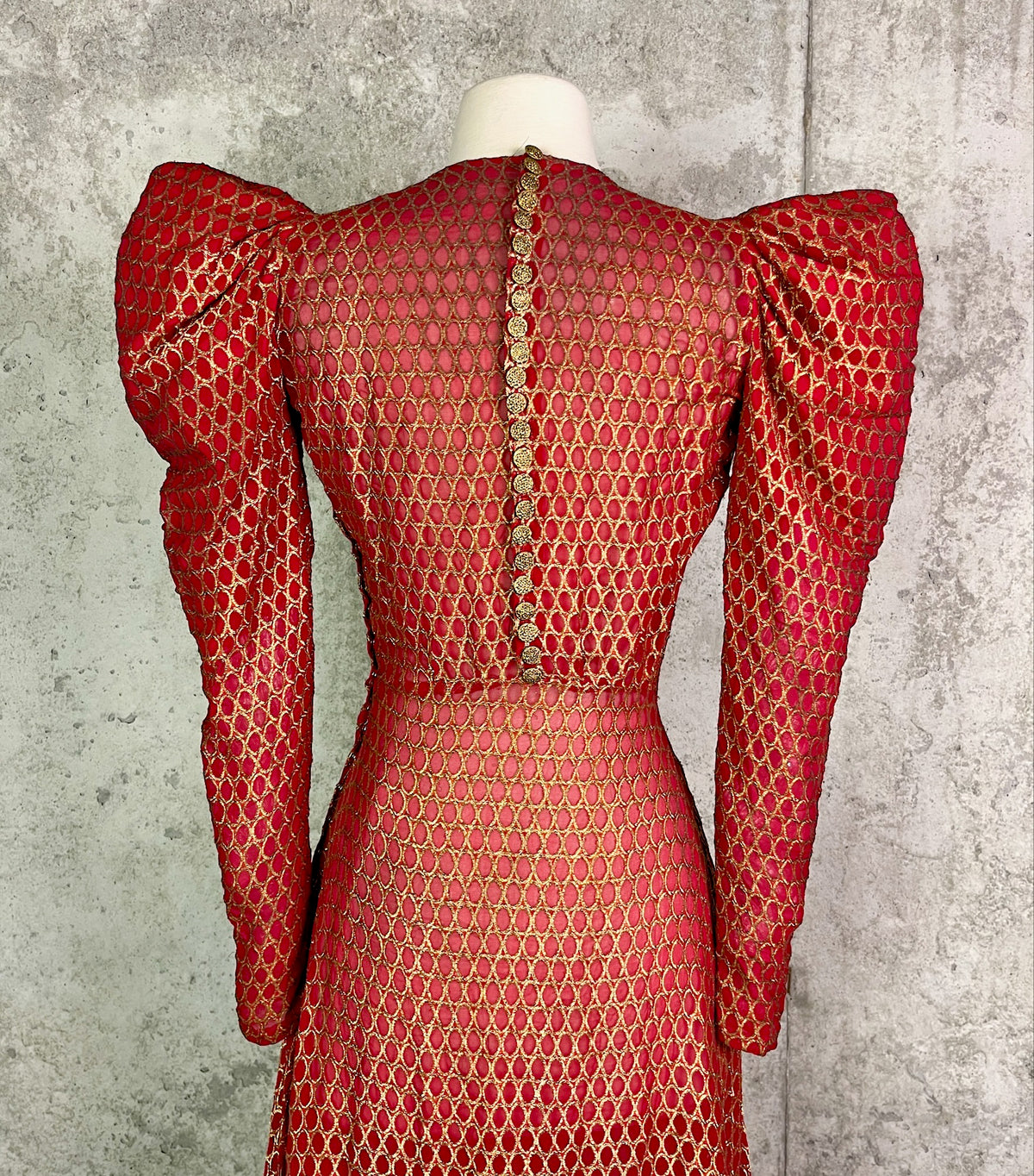 Vintage 1930s Red Silk Gold Lamé Brocade Gown with Leg-of-Mutton Sleeves
